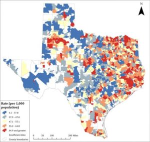 Texas Heart Disease Hospitalization by ZIP Code: Kyle Walker and Sean Crotty’s geographic distribution of age-adjusted hospitalization rates from 2006 shows high rates (red shades) in East and Northeast Texas, the Rio Grande Valley and West Texas, while lower rates (blue shades) are found in parts of Central and Northwest Texas. Courtesy of TCU Magazine.